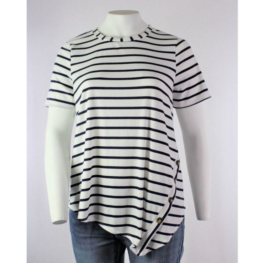 Plus Size Stripe Hi Low Top with Button Detail